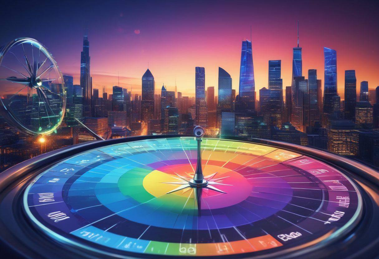 A professional business analyst navigating a digital landscape filled with financial graphs, pie charts, and data visualizations, with a clear path leading to a glowing destination labeled 'FP&A Success'. Include elements like a compass, magnifying glass, and gears to represent analytical tools. The background should be a blend of modern skyscrapers and abstract financial symbols. super-realistic. vibrant colors. 3D.