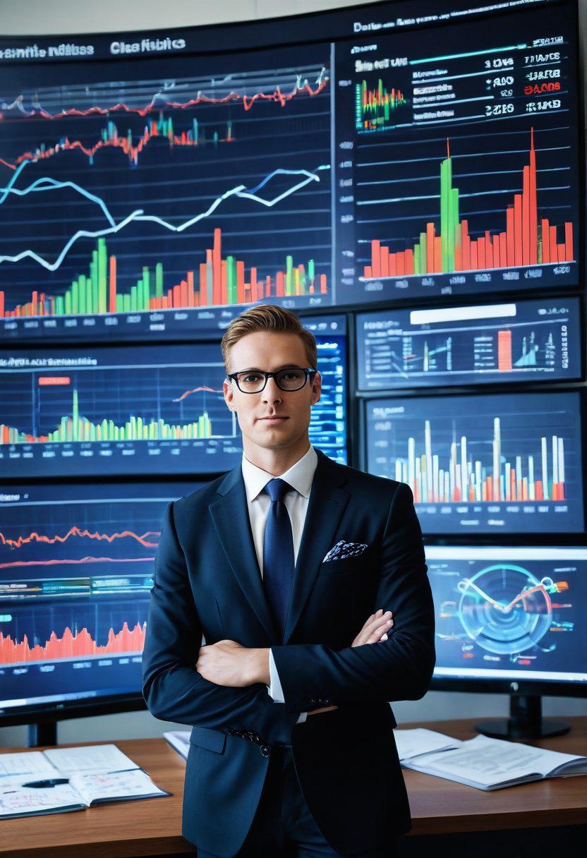 A sophisticated financial analyst standing next to a large digital screen displaying complex graphs and analytics related to performance metrics. The background features a modern office with bright lighting and financial books stacked neatly. Various symbols of success like dollar signs and upward arrows can be subtly integrated into the design. The atmosphere should exude professionalism and ambition. super-realistic. vibrant colors. corporate style.