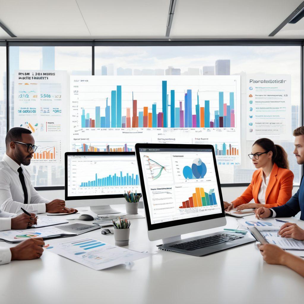 A sleek office setting with a diverse team of professionals collaborating around a large table filled with financial charts and digital devices. Emphasize a large, glowing graph showcasing upward trends on a screen in the background, symbolizing financial growth. Include elements like calculators, laptops, and charts with vibrant colors to illustrate strategic planning. The atmosphere should convey a sense of innovation and teamwork. super-realistic. vibrant colors. white background.